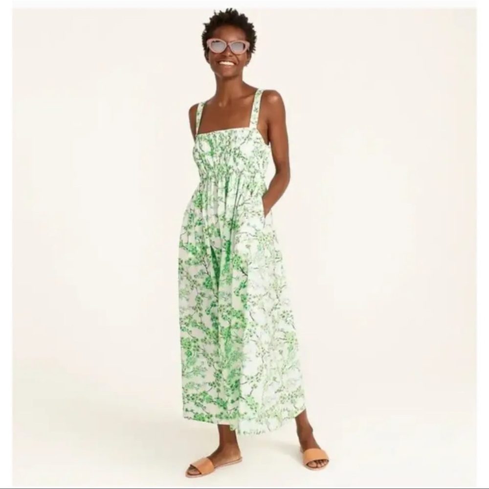 J Crew gathered tank midi dress lime cherry blossoms